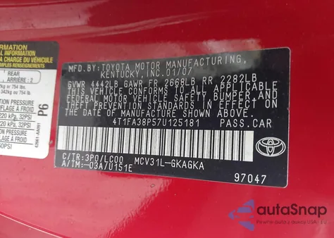 2007 Toyota Camry Solara Sle z USA, uszkodzony, nr VIN 4T1FA38P57U125181